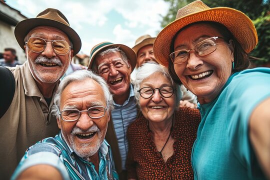 Happy group of senior people smiling at camera outdoors - Aged friends taking selfie pic with smart mobile phone device - Life style concept with pensioners having fun together on summer,Generative AI
