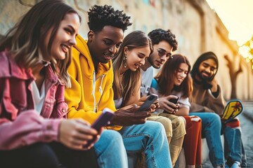 Millennial group of people using smart mobile phone device outdoors - Happy multiracial university students watching smartphone in college campus - Teenagers addicted to social media, Generative AI - obrazy, fototapety, plakaty