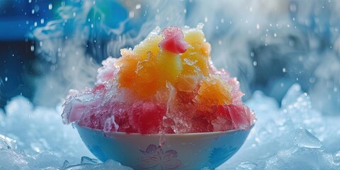 Colorful fruit flavored shaved ice summer treat on colorful background