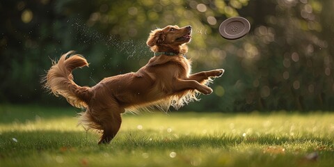 Dog park concept outdoor landscape with green grass and trees. Dog catching frisbee playing fetch - obrazy, fototapety, plakaty