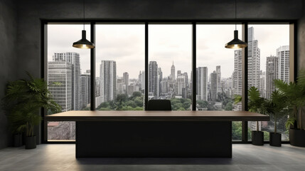 Modern office space with panoramic cityscape view and sleek interiors