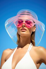 Naklejka premium Glamorous young woman basking under a clear blue sky with a pink visored hat and stylish sunglasses