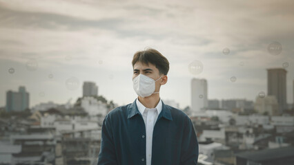 air pollution quality of dust PM 2.5 is toxic and dangerous to health..Business man wearing...