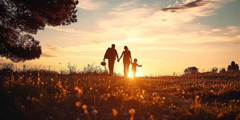 Papier Peint photo autocollant Prairie, marais Silhouette of happy family walking in the meadow at sunset  - Mother, father and child son having fun outdoors enjoying time together - Family, love, mental health and happy lifestyle, Generative AI