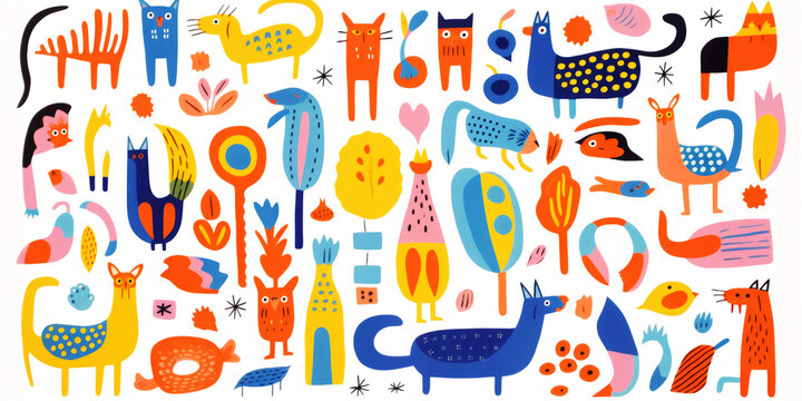 Whimsical animal illustrations in vibrant colors for children's decor