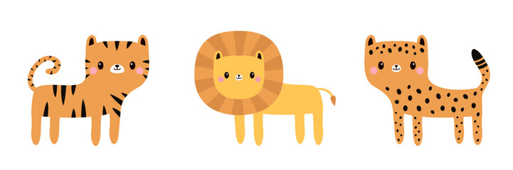Lion, cheetah leopard, tiger standing icon set. Funny face. Cute cartoon kawaii baby animal. Jungle cat. Childish print for nursery, kids apparel, poster, postcard. Flat design. White background.