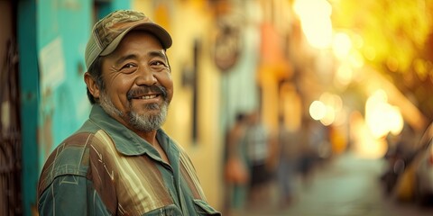 Friendly latino standing in barrio during the day. Colorful buildings in the background