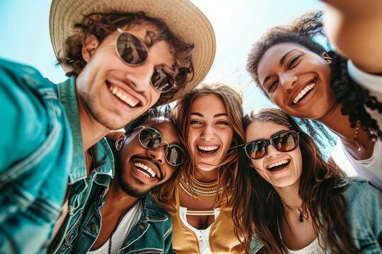 Multicultural group of young people smiling together at camera - Happy friends taking selfie pic with smartphone outdoors - Life style concept with guys and girls enjoying sunny, Generative AI