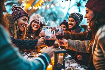 Happy multiracial friends toasting red wine at restaurant terrace - Group of young people wearing winter clothes having fun at outdoors winebar table - Dining life style and friendship, Generative AI - Powered by Adobe