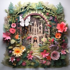 Papercraft garden filled with blooming flowers and butterfly
