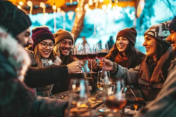 Fotobehang Happy multiracial friends toasting red wine at restaurant terrace - Group of young people wearing winter clothes having fun at outdoors winebar table - Dining life style and friendship, Generative AI © Pixel Nirvana