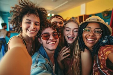 Group of young tourists standing in youth hostel guest house - Happy multiracial friends booking summer vacation home - Guys and girls having fun taking selfie picture at summertime, Generative AI - obrazy, fototapety, plakaty