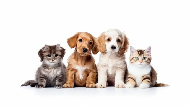 Adorable kittens and puppies posing together on white background