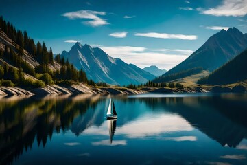 A lone sailboat peacefully gliding across the reflective surface of a crystal-clear mountain lake.