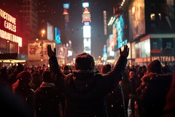 Crowd of people celebrating New Year eve in Times Square, Manhattan, New York - Generative AI
