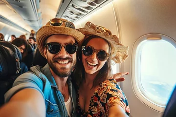 Fototapeten Happy tourist taking selfie inside airplane - Cheerful couple on summer vacation - Passengers boarding on plane - Holidays and transportation concept, Generative AI © Pixel Nirvana