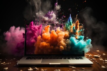 a splash of multicolored colors from a laptop screen, the concept of innovation and creativity - obrazy, fototapety, plakaty