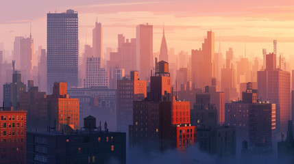 A city skyline waking up to a gentle sunrise