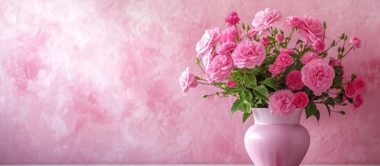 Fuchsia wallpaper with light pink flower bouquet as home decoration.