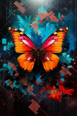 Colorful butterfly with black background and blue and red design.