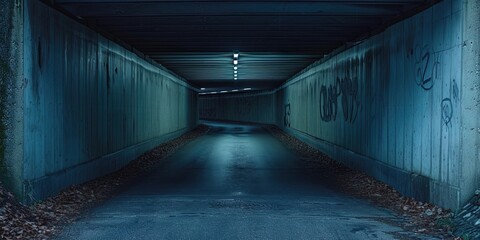 Underpass beneath a bridge. This cement tunnel runs underneath the road to allow pedestrians to cross the street - obrazy, fototapety, plakaty