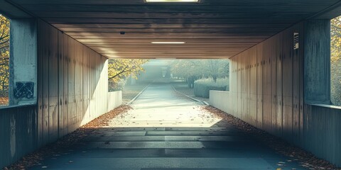 Underpass beneath a bridge. This cement tunnel runs underneath the road to allow pedestrians to...
