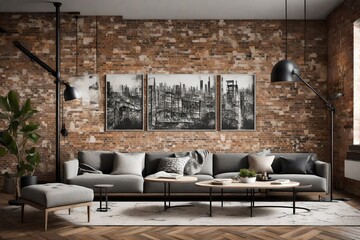 An industrial-chic living room with a wall mockup featuring exposed brick and urban artwork.