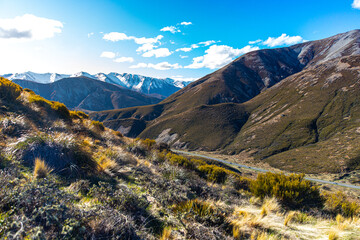 panorama of mountains in torlesse tussocklands national park, canterbury, new zealand south island;...