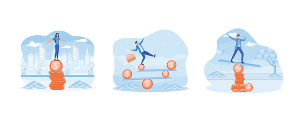 Financial Instability. Unstable investment market. Business investor on unstable coins. set flat vector modern illustration 