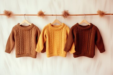cute children's warm knitted sweaters hang on hangers