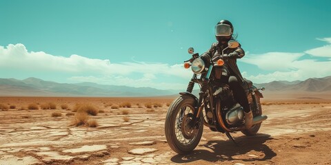 Obraz premium Biker riding motorcycle in the desert. travel roadtrip concept in the southwest open road.