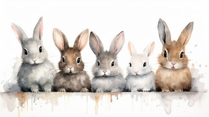 a group of watercolor rabbits isolated on a white background, illustration for children