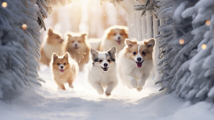 Fototapeta na wymiar Winter running white puppies, a merry Christmas story about pets
