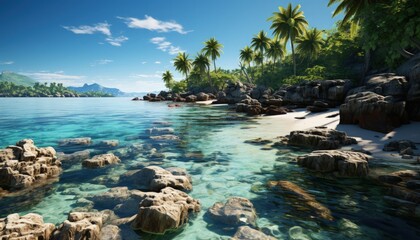 Fototapeta na wymiar Tropical Paradise Unveiled: Crystal Clear Waters and Flourishing Palms on a Secluded Beach