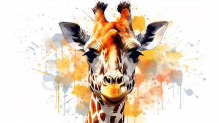 giraffe portrait, watercolor illustration on a white background, liquid paint spots, print for design - obrazy, fototapety, plakaty