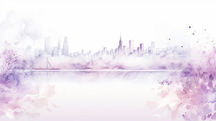 purple, lavender silhouette of the city, spring watercolor illustration on a white background, cityline liquid paint - obrazy, fototapety, plakaty