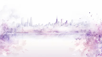Poster Aquarellmalerei Wolkenkratzer purple, lavender silhouette of the city, spring watercolor illustration on a white background, cityline liquid paint