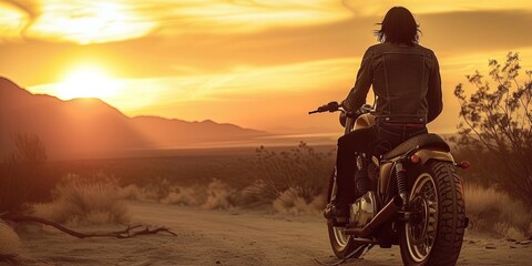 Biker riding motorcycle in the desert. travel roadtrip concept in the southwest open road.