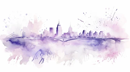 Deurstickers Aquarelschilderij wolkenkrabber  purple, lavender silhouette of the city, spring watercolor illustration on a white background, cityline liquid paint