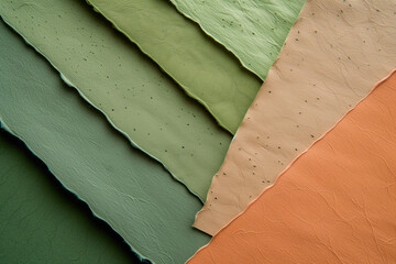 Layers of textured green, greenish-yellow, and orange handmade paper sheets arranged in an overlapping pattern
