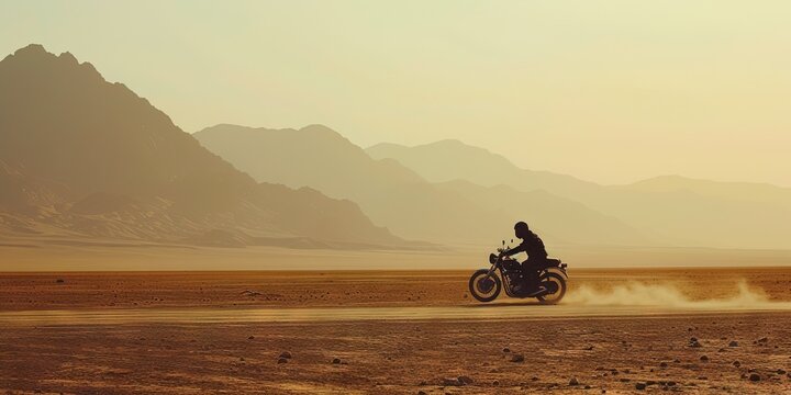 Biker riding motorcycle in the desert. travel roadtrip concept in the southwest open road.