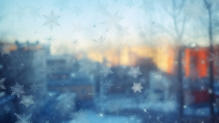 snowflakes blurred abstract background window glass with bokeh, winter backdrop