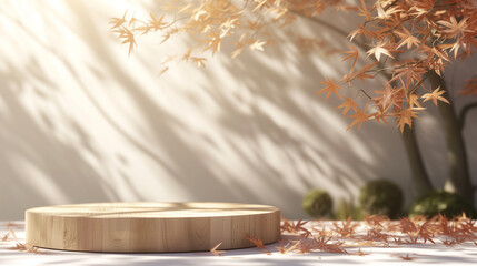 Tranquil autumn scene with a wooden podium amidst falling leaves and soft sunlight, ideal for product display or seasonal designs