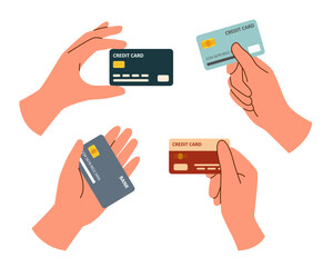 Set of hands with credit cards isolated on white background.