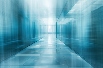 Abstract image of a modern, airy glass corridor with a cool blue tone and motion blur, conveying a sense of futuristic design and speed