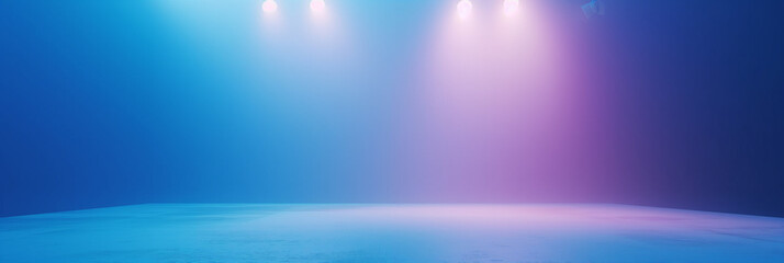 Empty modern performance stage with blue and purple lighting, ideal for concerts or presentations