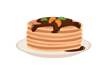 Stack of pancakes with chocolate syrup on plate flat style