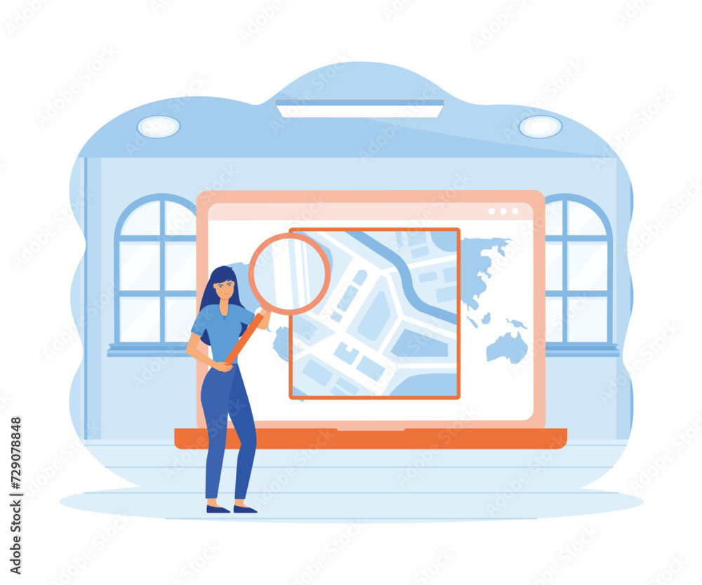 Poster set geo location concept. tiny female character searching route and viewing online map using magnify