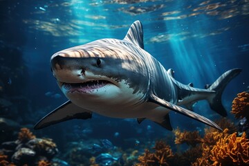 Predatory Great White Shark Dominates the Marine Ecosystem Under Ocean Sunrays