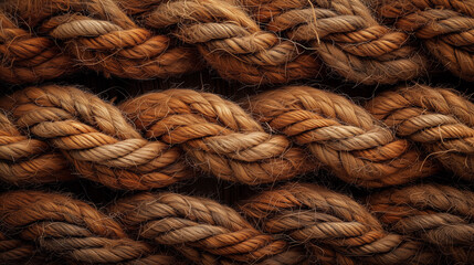 Close-up of thick, intertwined sisal ropes with a focus on texture and pattern, suitable for concepts of strength, connection, or nautical themes